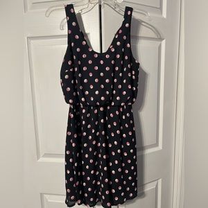 Navy with pink and white polka dots
